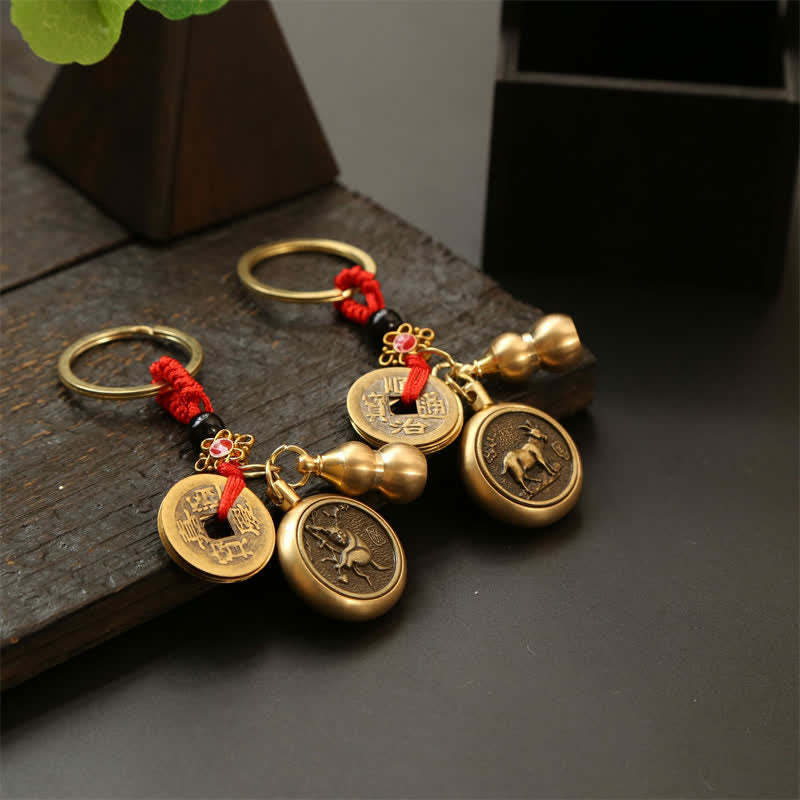 Buddha Stones Porte-clés en cuivre avec pièces du zodiaque chinois des Cinq Empereurs et cordon rouge, symbole de richesse - image 21