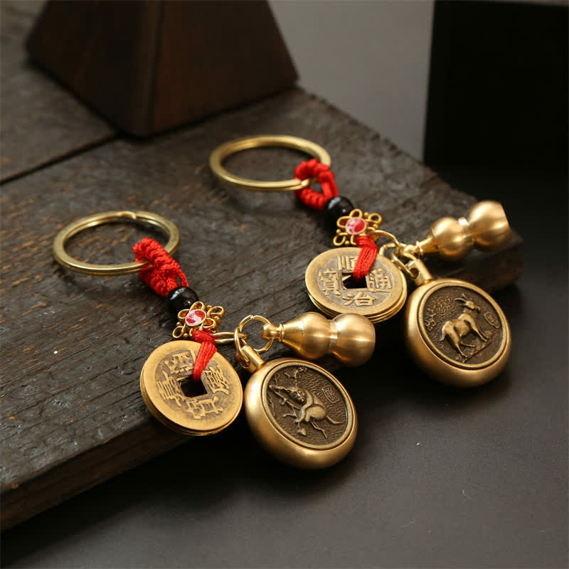 Buddha Stones Porte-clés en cuivre avec pièces du zodiaque chinois des Cinq Empereurs et cordon rouge, symbole de richesse - image 22