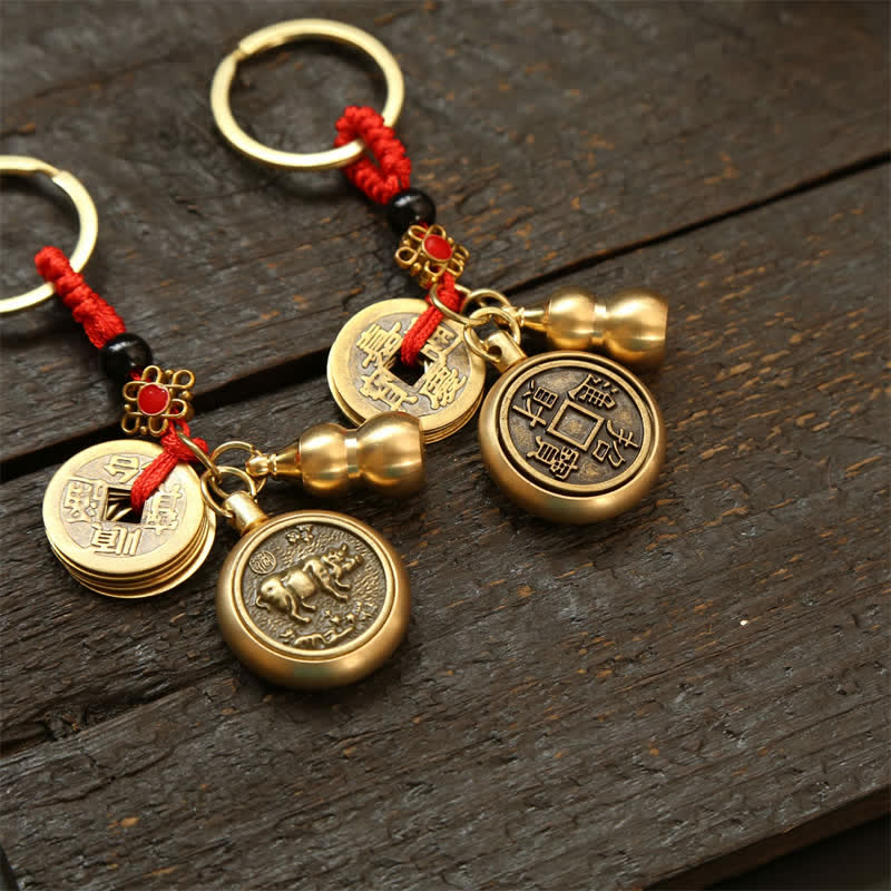 Buddha Stones Porte-clés en cuivre avec pièces du zodiaque chinois des Cinq Empereurs et cordon rouge, symbole de richesse - image 24