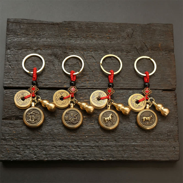 Buddha Stones Porte-clés en cuivre avec pièces du zodiaque chinois des Cinq Empereurs et cordon rouge, symbole de richesse - image 30