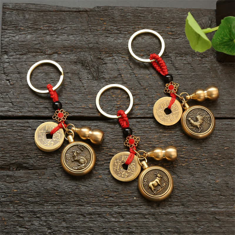 Buddha Stones Porte-clés en cuivre avec pièces du zodiaque chinois des Cinq Empereurs et cordon rouge, symbole de richesse - image 28