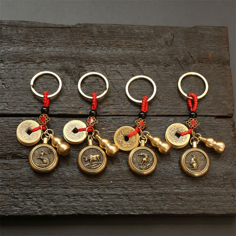 Buddha Stones Porte-clés en cuivre avec pièces du zodiaque chinois des Cinq Empereurs et cordon rouge, symbole de richesse - image 31