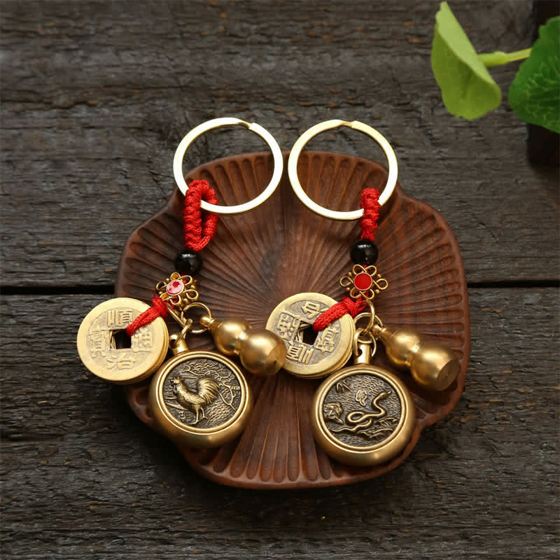 Buddha Stones Porte-clés en cuivre avec pièces du zodiaque chinois des Cinq Empereurs et cordon rouge, symbole de richesse - image 23