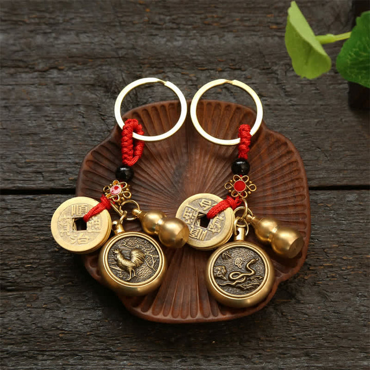 Buddha Stones Porte-clés en cuivre avec pièces du zodiaque chinois des Cinq Empereurs et cordon rouge, symbole de richesse - image 23