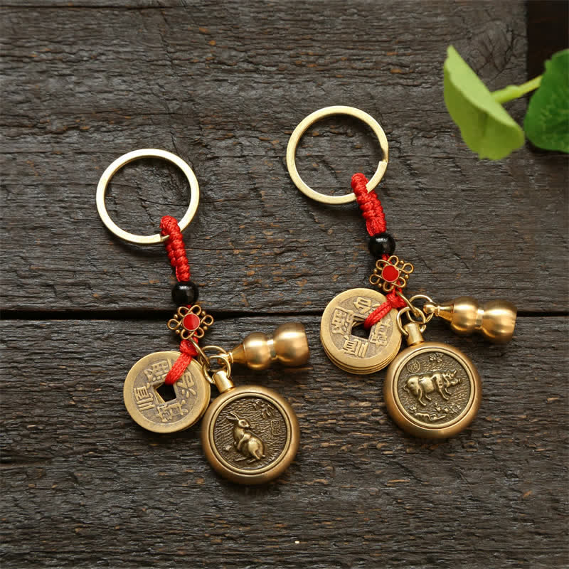 Buddha Stones Porte-clés en cuivre avec pièces du zodiaque chinois des Cinq Empereurs et cordon rouge, symbole de richesse - image 25