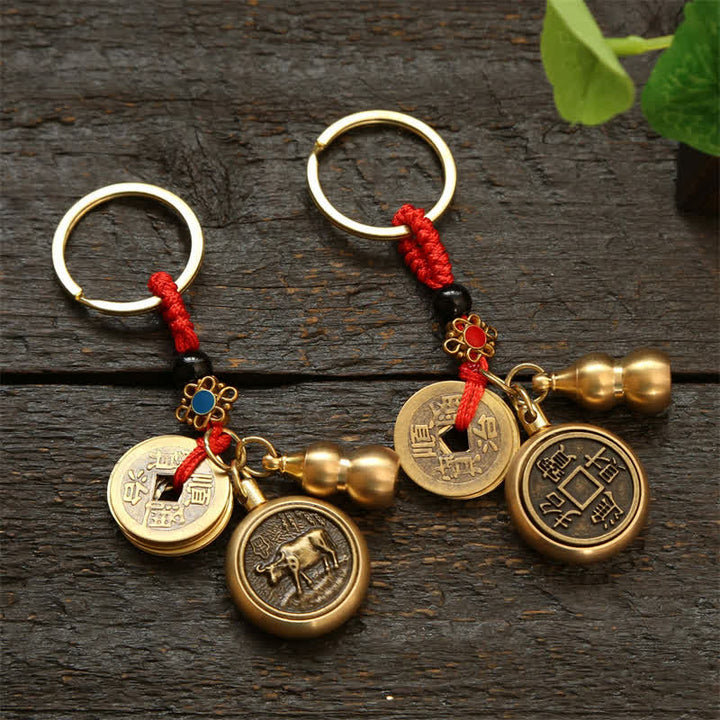 Buddha Stones Porte-clés en cuivre avec pièces du zodiaque chinois des Cinq Empereurs et cordon rouge, symbole de richesse - image 27