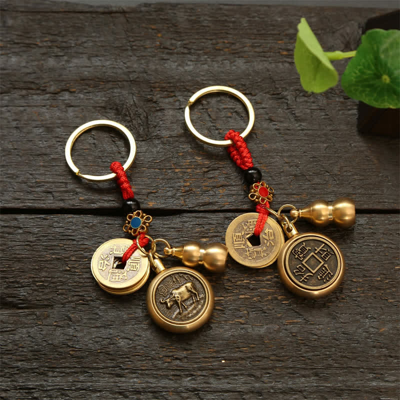 Buddha Stones Porte-clés en cuivre avec pièces du zodiaque chinois des Cinq Empereurs et cordon rouge, symbole de richesse - image 26