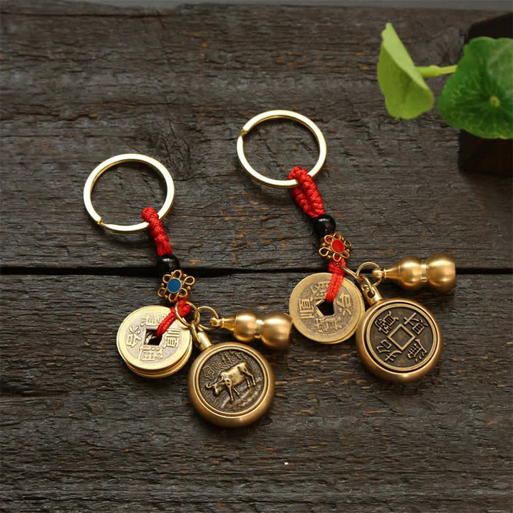 Buddha Stones Porte-clés en cuivre avec pièces du zodiaque chinois des Cinq Empereurs et cordon rouge, symbole de richesse - image 26