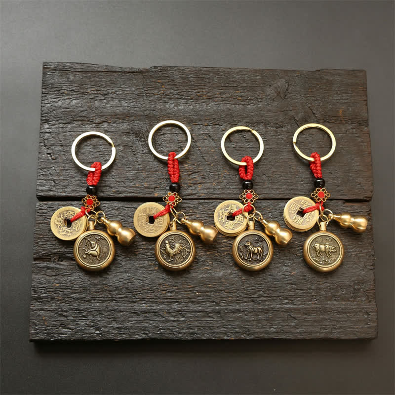 Buddha Stones Porte-clés en cuivre avec pièces du zodiaque chinois des Cinq Empereurs et cordon rouge, symbole de richesse - image 29