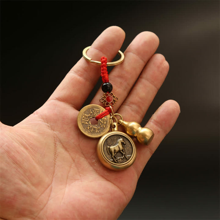 Buddha Stones Porte-clés en cuivre avec pièces du zodiaque chinois des Cinq Empereurs et cordon rouge, symbole de richesse - image 15