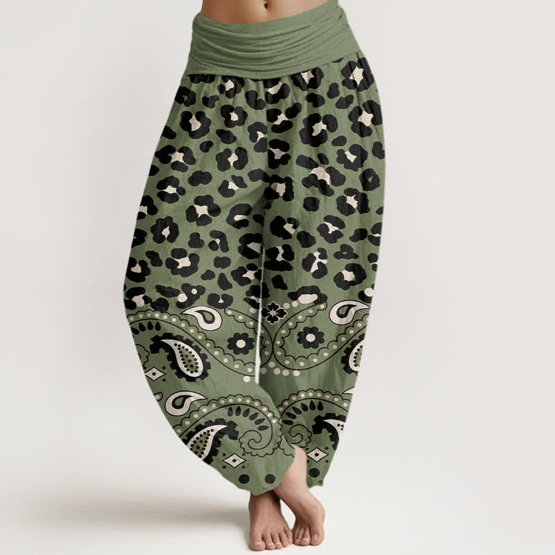Buddha Stones Pantalon harem femme en coton olive à motif léopard et cachemire, taille élastique - Vert olive - US16，UK/AU20，EU48 (3XL) - image 0