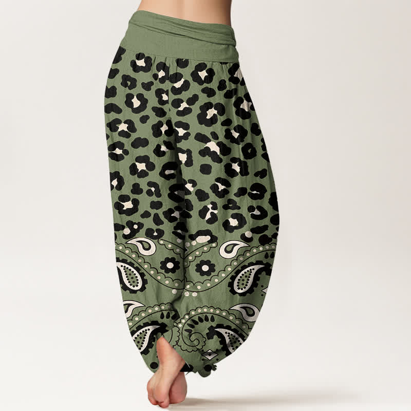 Buddha Stones Pantalon harem femme en coton olive à motif léopard et cachemire, taille élastique - image 2