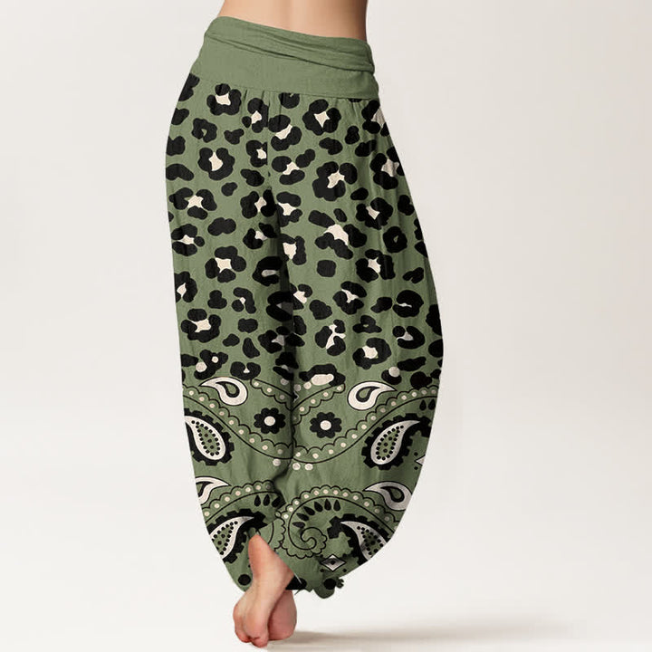 Buddha Stones Pantalon harem femme en coton olive à motif léopard et cachemire, taille élastique - image 2