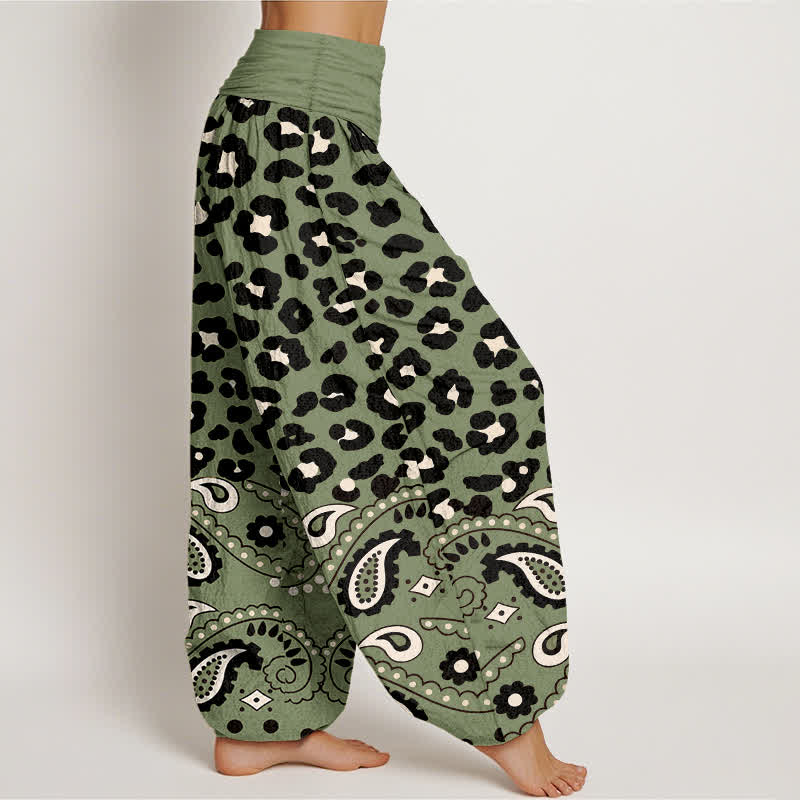 Buddha Stones Pantalon harem femme en coton olive à motif léopard et cachemire, taille élastique - image 1