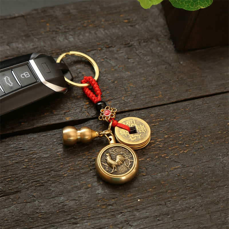 Buddha Stones Porte-clés en cuivre avec pièces du zodiaque chinois des Cinq Empereurs et cordon rouge, symbole de richesse - image 18
