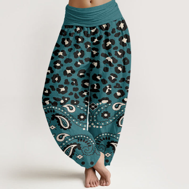 Buddha Stones Pantalon harem femme en coton olive à motif léopard et cachemire, taille élastique - Sarcelle - US16，UK/AU20，EU48 (3XL) - image 5
