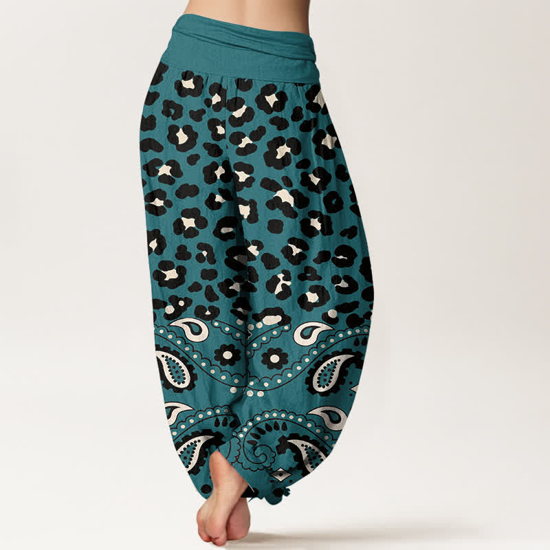 Buddha Stones Pantalon harem femme en coton olive à motif léopard et cachemire, taille élastique - image 7