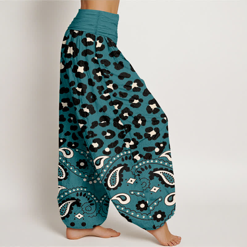 Buddha Stones Pantalon harem femme en coton olive à motif léopard et cachemire, taille élastique - image 6