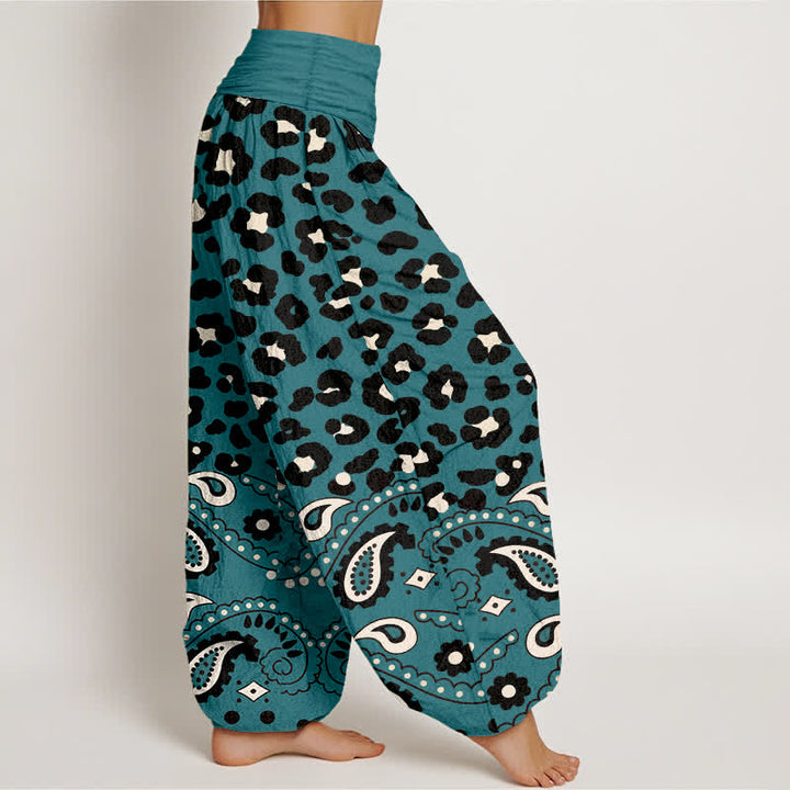 Buddha Stones Pantalon harem femme en coton olive à motif léopard et cachemire, taille élastique - image 6