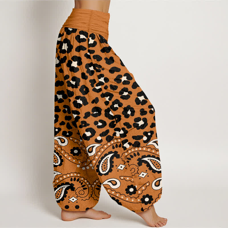 Buddha Stones Pantalon harem femme en coton olive à motif léopard et cachemire, taille élastique - image 9