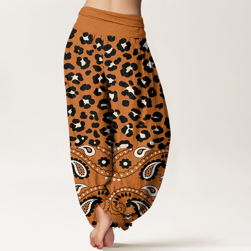 Buddha Stones Pantalon harem femme en coton olive à motif léopard et cachemire, taille élastique - image 10