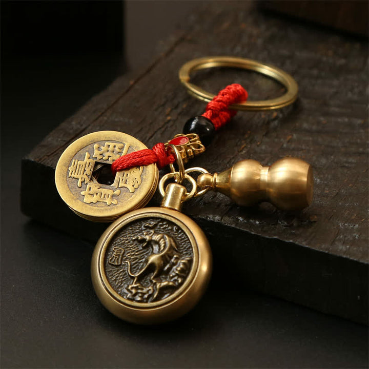 Buddha Stones Porte-clés en cuivre avec pièces du zodiaque chinois des Cinq Empereurs et cordon rouge, symbole de richesse - image 4