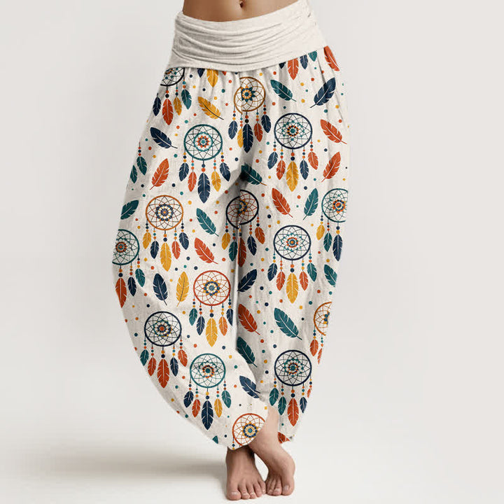 Buddha Stones Pantalon harem femme en coton à motif plumes attrape-rêves et taille élastique - Blanc - US16，UK/AU20，EU48 (3XL) - image 0