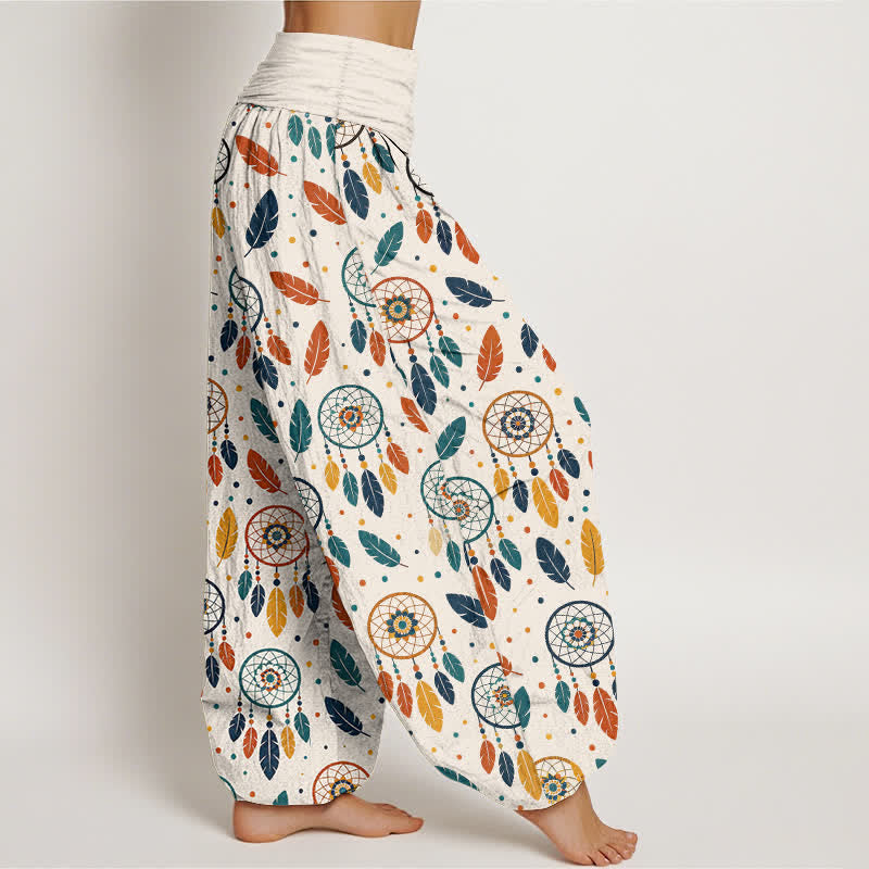 Buddha Stones Pantalon harem femme en coton à motif plumes attrape-rêves et taille élastique - image 1