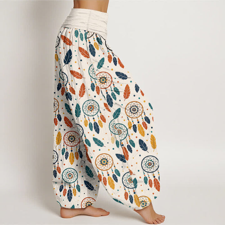 Buddha Stones Pantalon harem femme en coton à motif plumes attrape-rêves et taille élastique - image 1