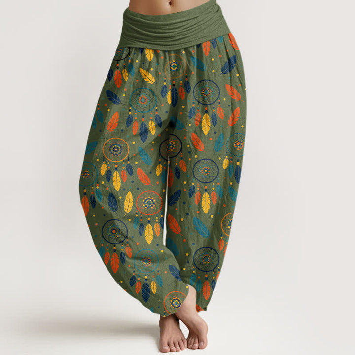 Buddha Stones Pantalon harem femme en coton à motif plumes attrape-rêves et taille élastique - Vert olive - US16，UK/AU20，EU48 (3XL) - image 5