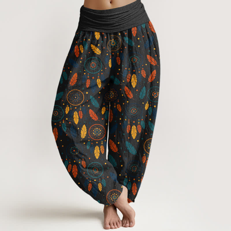 Buddha Stones Pantalon harem femme en coton à motif plumes attrape-rêves et taille élastique - Noir - US16，UK/AU20，EU48 (3XL) - image 8