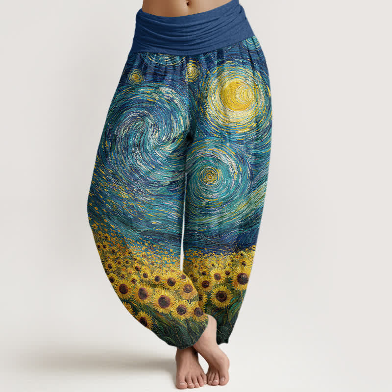 Buddha Stones Pantalon harem à taille élastique pour femme, motif tournesol et nuit étoilée en coton - Bleu royal - US16，UK/AU20，EU48 (3XL) - image 0