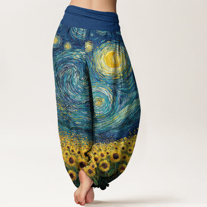 Buddha Stones Pantalon harem à taille élastique pour femme, motif tournesol et nuit étoilée en coton - image 2
