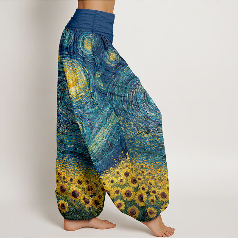 Buddha Stones Pantalon harem à taille élastique pour femme, motif tournesol et nuit étoilée en coton - image 1