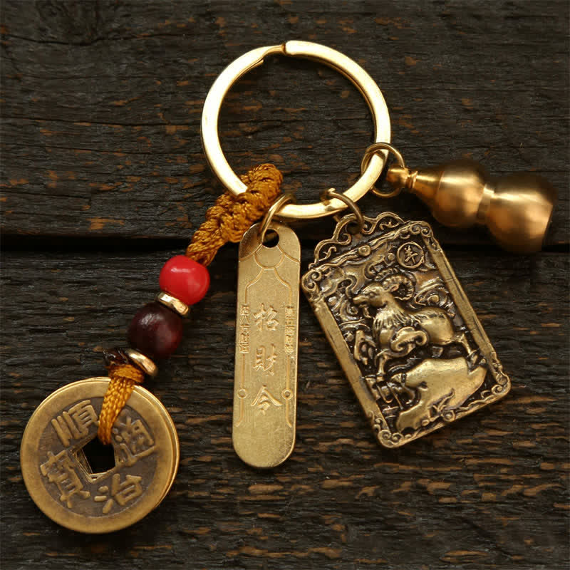 Buddha Stones Porte-clés de protection en forme de gourde, représentant les cinq empereurs du zodiaque chinois en cuivre - Chèvre - image 0