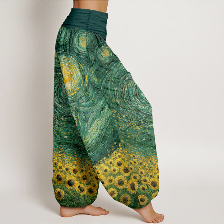 Buddha Stones Pantalon harem à taille élastique pour femme, motif tournesol et nuit étoilée en coton - image 6
