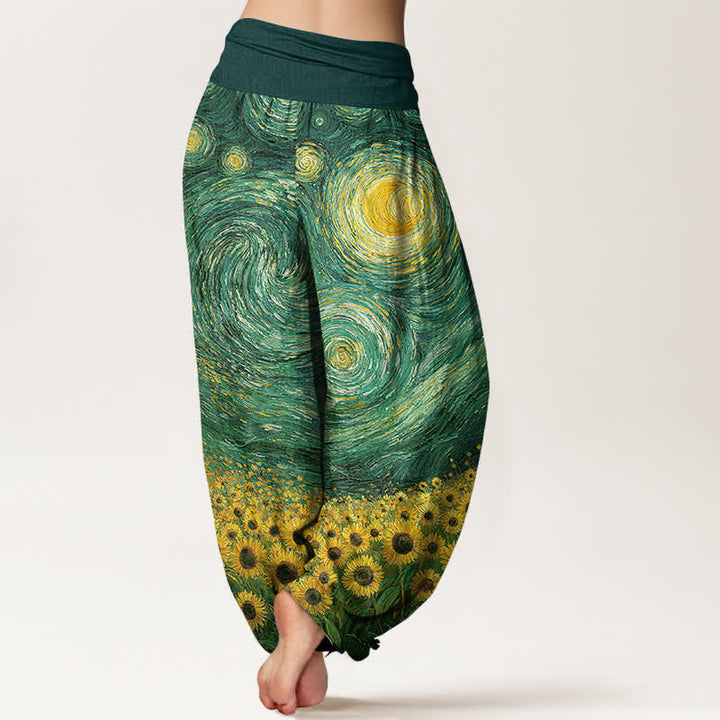 Buddha Stones Pantalon harem à taille élastique pour femme, motif tournesol et nuit étoilée en coton - image 7