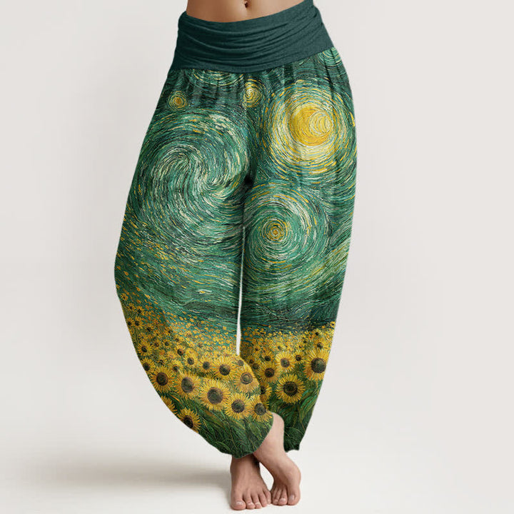 Buddha Stones Pantalon harem à taille élastique pour femme, motif tournesol et nuit étoilée en coton - Vert d'eau - US16，UK/AU20，EU48 (3XL) - image 5