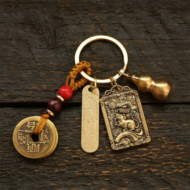 Buddha Stones Porte-clés de protection en forme de gourde, représentant les cinq empereurs du zodiaque chinois en cuivre - Rat - image 1