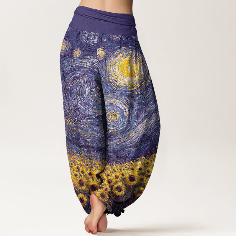 Buddha Stones Pantalon harem à taille élastique pour femme, motif tournesol et nuit étoilée en coton - image 10