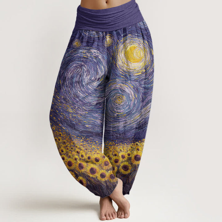 Buddha Stones Pantalon harem à taille élastique pour femme, motif tournesol et nuit étoilée en coton - BleuViolet - US16，UK/AU20，EU48 (3XL) - image 8