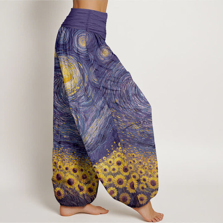 Buddha Stones Pantalon harem à taille élastique pour femme, motif tournesol et nuit étoilée en coton - image 9