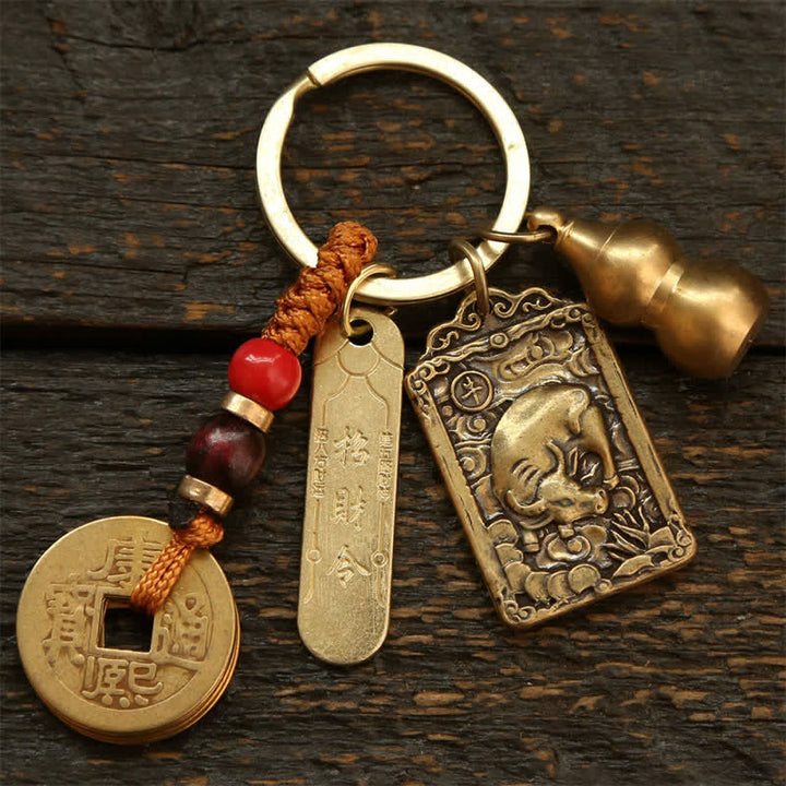 Buddha Stones Porte-clés de protection en forme de gourde, représentant les cinq empereurs du zodiaque chinois en cuivre - Bœuf - image 2