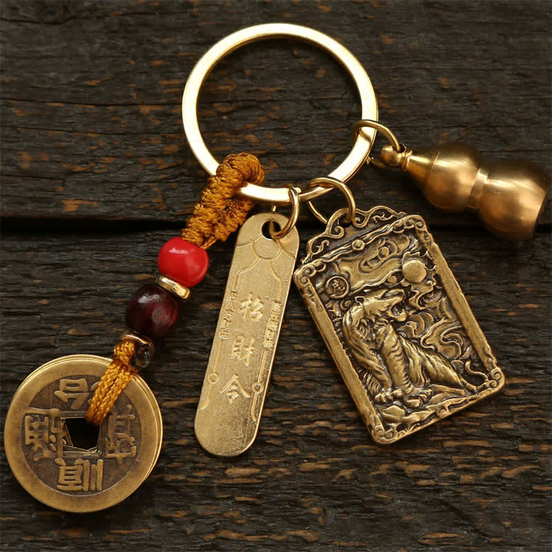 Buddha Stones Porte-clés de protection en forme de gourde, représentant les cinq empereurs du zodiaque chinois en cuivre - Tigre - image 3
