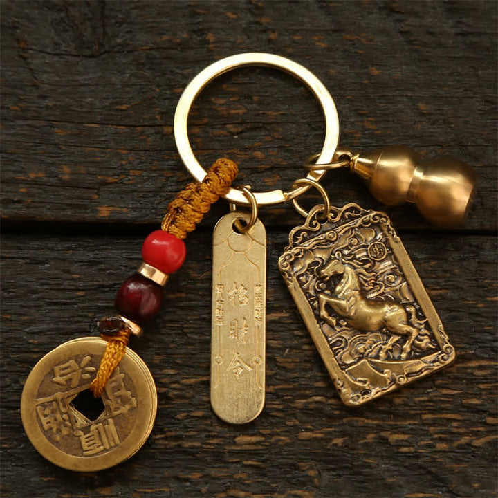 Buddha Stones Porte-clés de protection en forme de gourde, représentant les cinq empereurs du zodiaque chinois en cuivre - Cheval - image 13