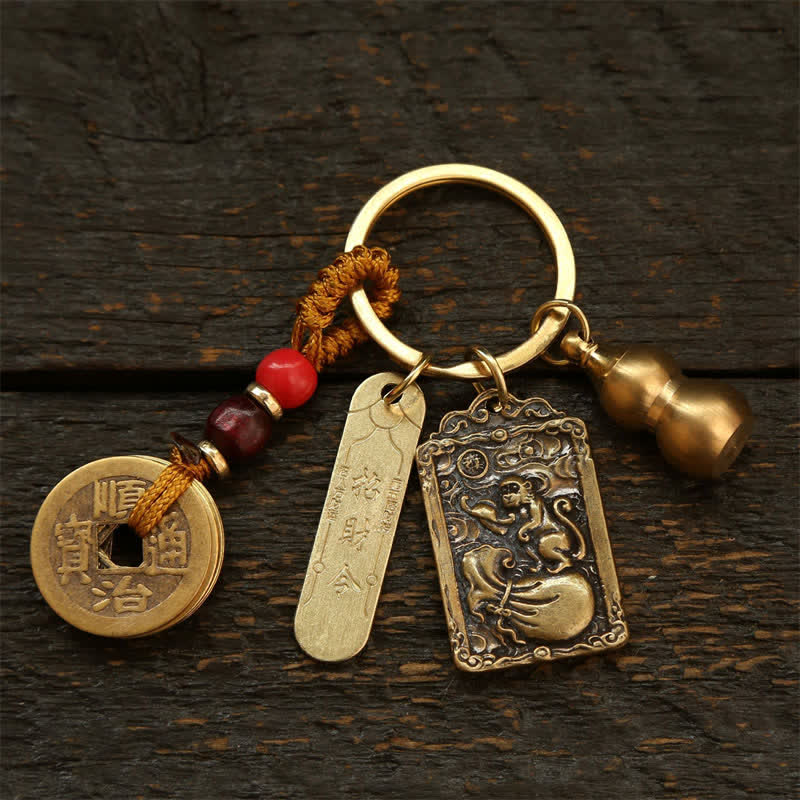 Buddha Stones Porte-clés de protection en forme de gourde, représentant les cinq empereurs du zodiaque chinois en cuivre - Singe - image 17