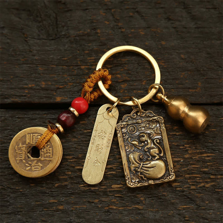 Buddha Stones Porte-clés de protection en forme de gourde, représentant les cinq empereurs du zodiaque chinois en cuivre - Singe - image 17