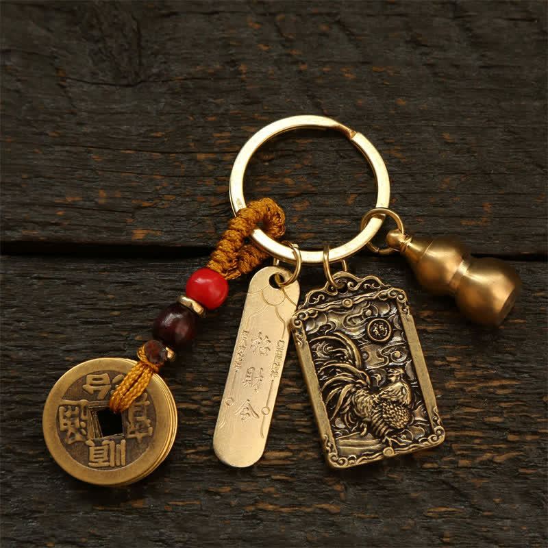 Buddha Stones Porte-clés de protection en forme de gourde, représentant les cinq empereurs du zodiaque chinois en cuivre - Coq - image 18
