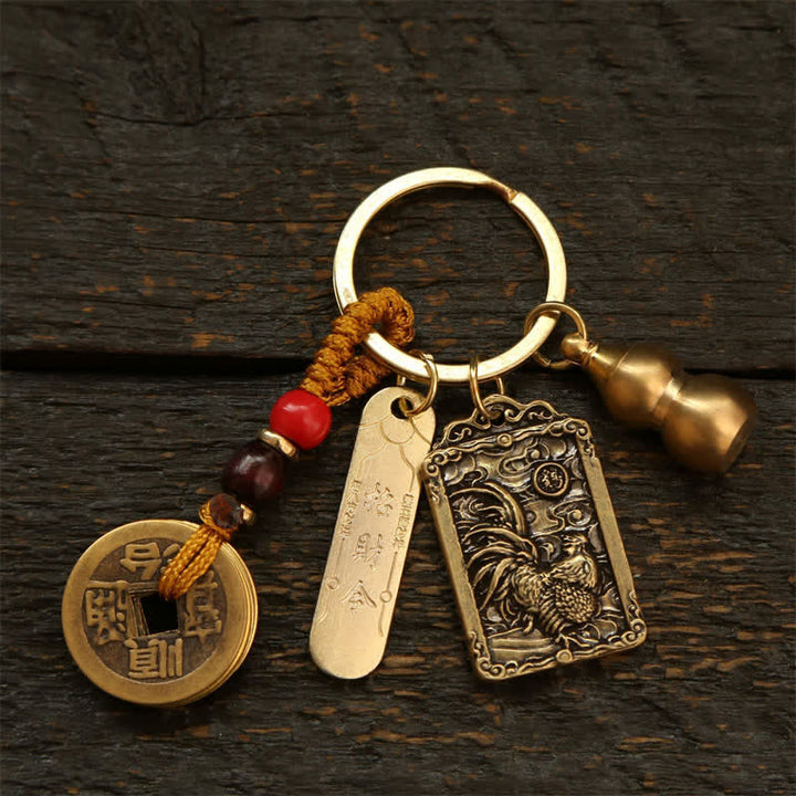 Buddha Stones Porte-clés de protection en forme de gourde, représentant les cinq empereurs du zodiaque chinois en cuivre - Coq - image 18