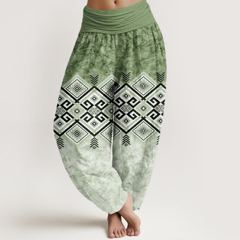 Buddha Stones Pantalon harem à taille élastique pour femme, en coton à motif géométrique tribal - Vert olive - US16，UK/AU20，EU48 (3XL) - image 0